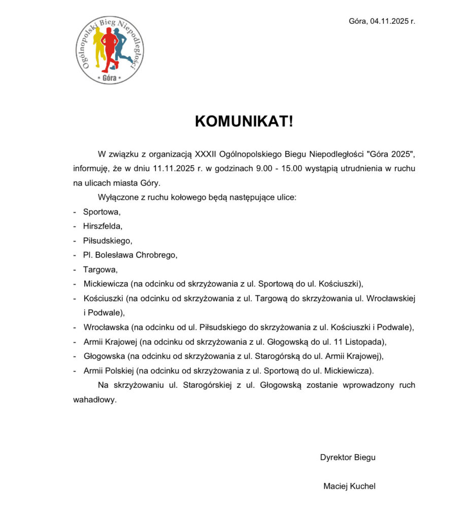 komunikat o wystąpieniu utrudnienia w ruchu dnia 11.11.2025